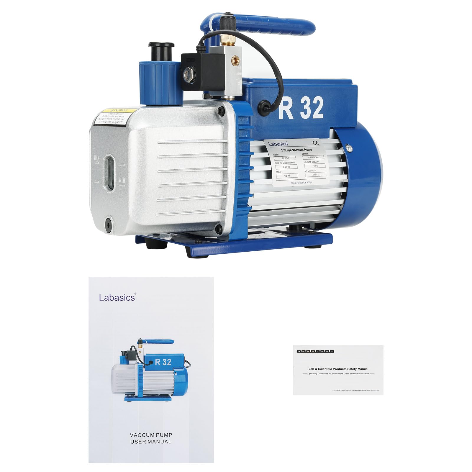 Labasics Pompe à Vide Bistade à Palette Rotative avec Fonction Antidéflagrante R32, Vide Ultime 10-15 Pa, 220 V, Débit 2,5 CFM, 70 L/Min, pour Expériences et Maintenance d’Instruments de Laboratoire