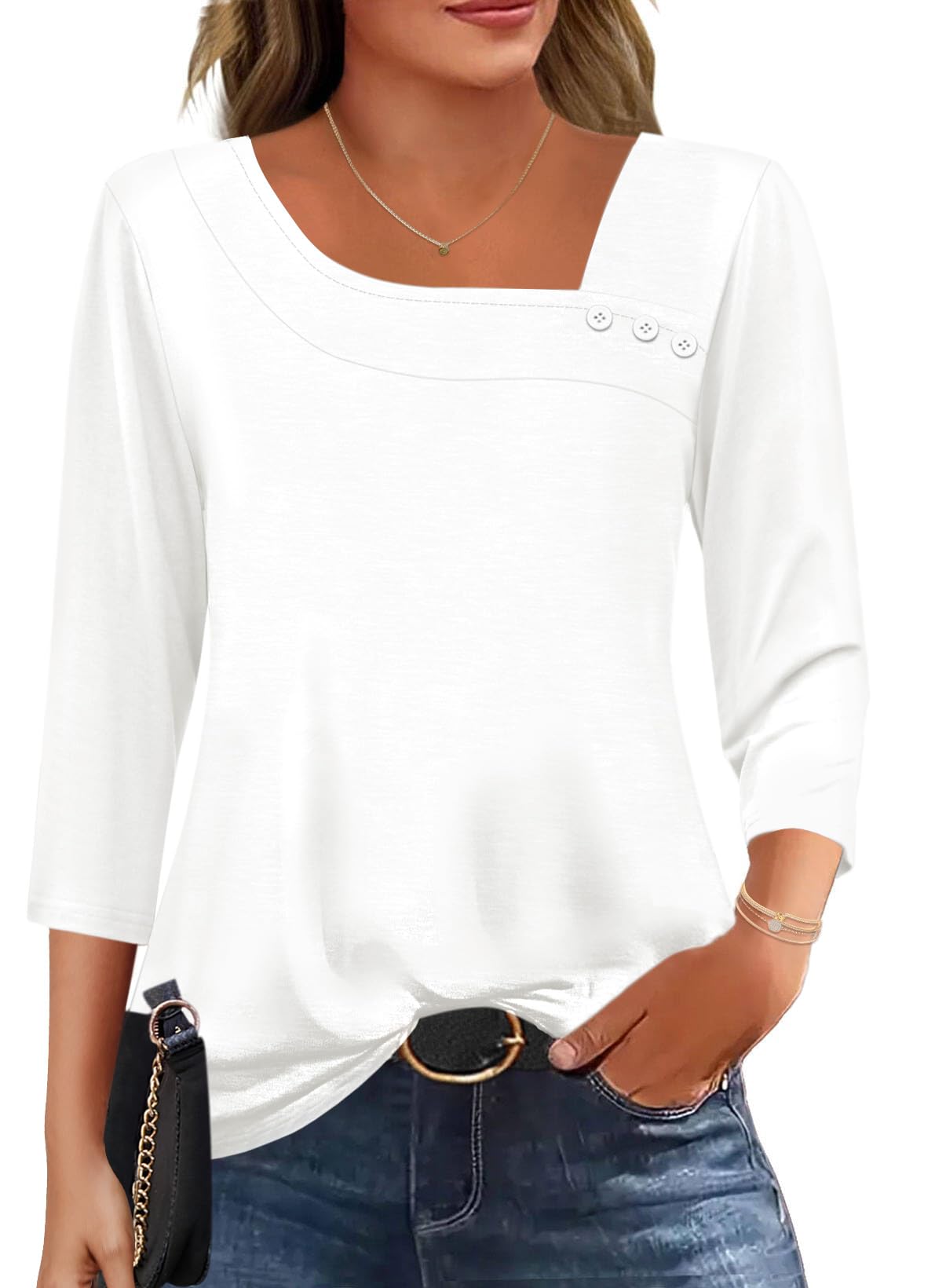 Kistore Bluse Damen 3/4 Arm Asymmetrischer Ausschnitt Tunika Sommer Tops Locker Shirt Elegant Lässig Oberteil S-2XL