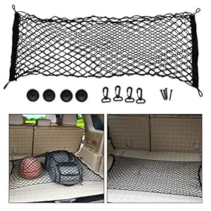 BUYGOO 90 x 40cm Elastic Cargo Net for Van Car SUV Truck Boot, Double Layer Cargo Storage Organizer Mesh Nylon Net Mesh for Fastened Cargo Trunk, with 4 Carabiner Style Hook, Stretched Up to 130cm