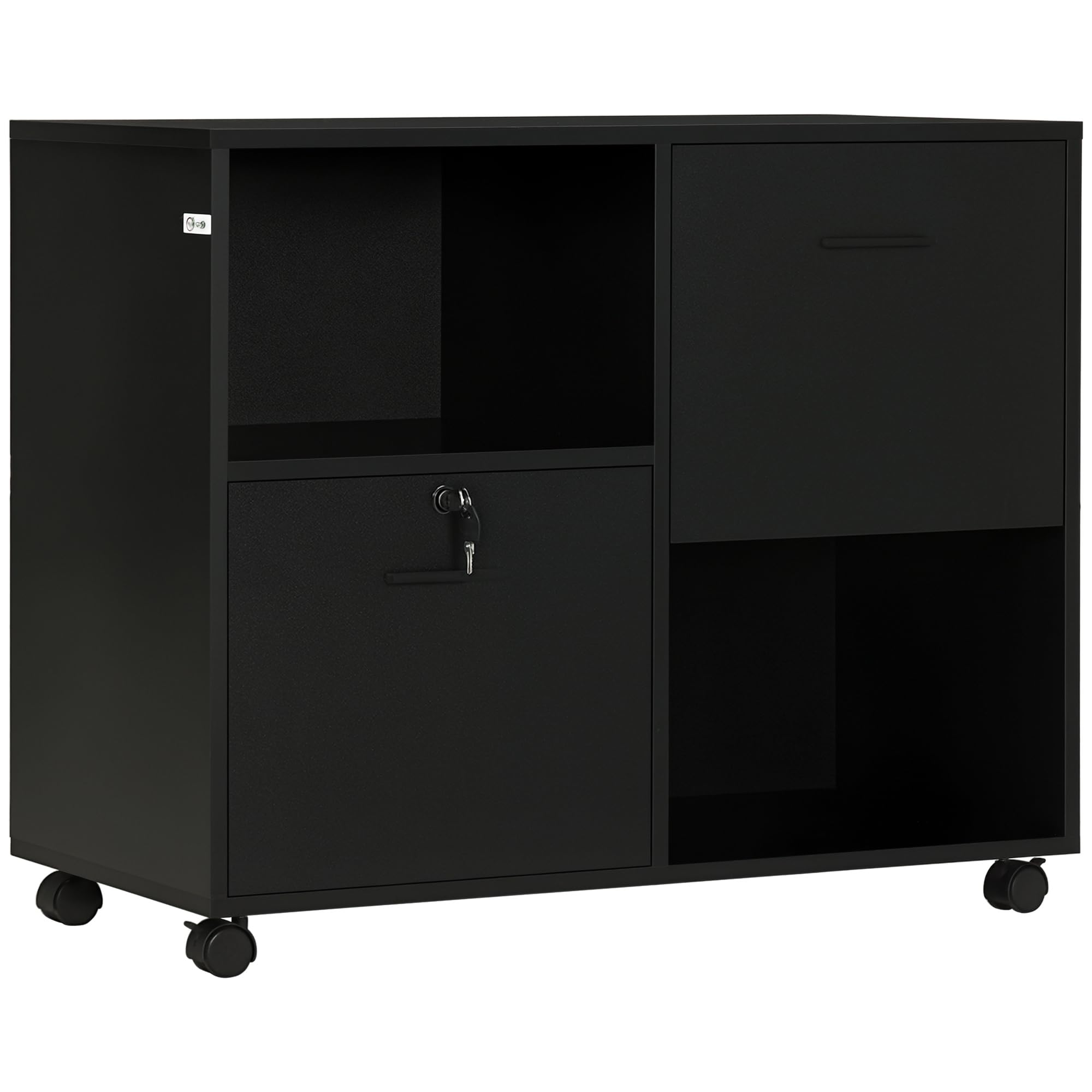 Vinsetto Cassettiera da Ufficio 2 Cassetti Porta Documenti 80x40x66cm Nero | Ripiani Aperti in Truciolato, Maniglie in Acciaio, Ruote con Blocco