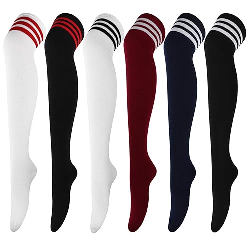 DRESHOW 6 Pairs High Thigh Socks Striped Over Knee Thin Tights Long Stocking for Women Leg Warmer - High Thigh - 6 Pairs: White, Black, Navy, Wine Red