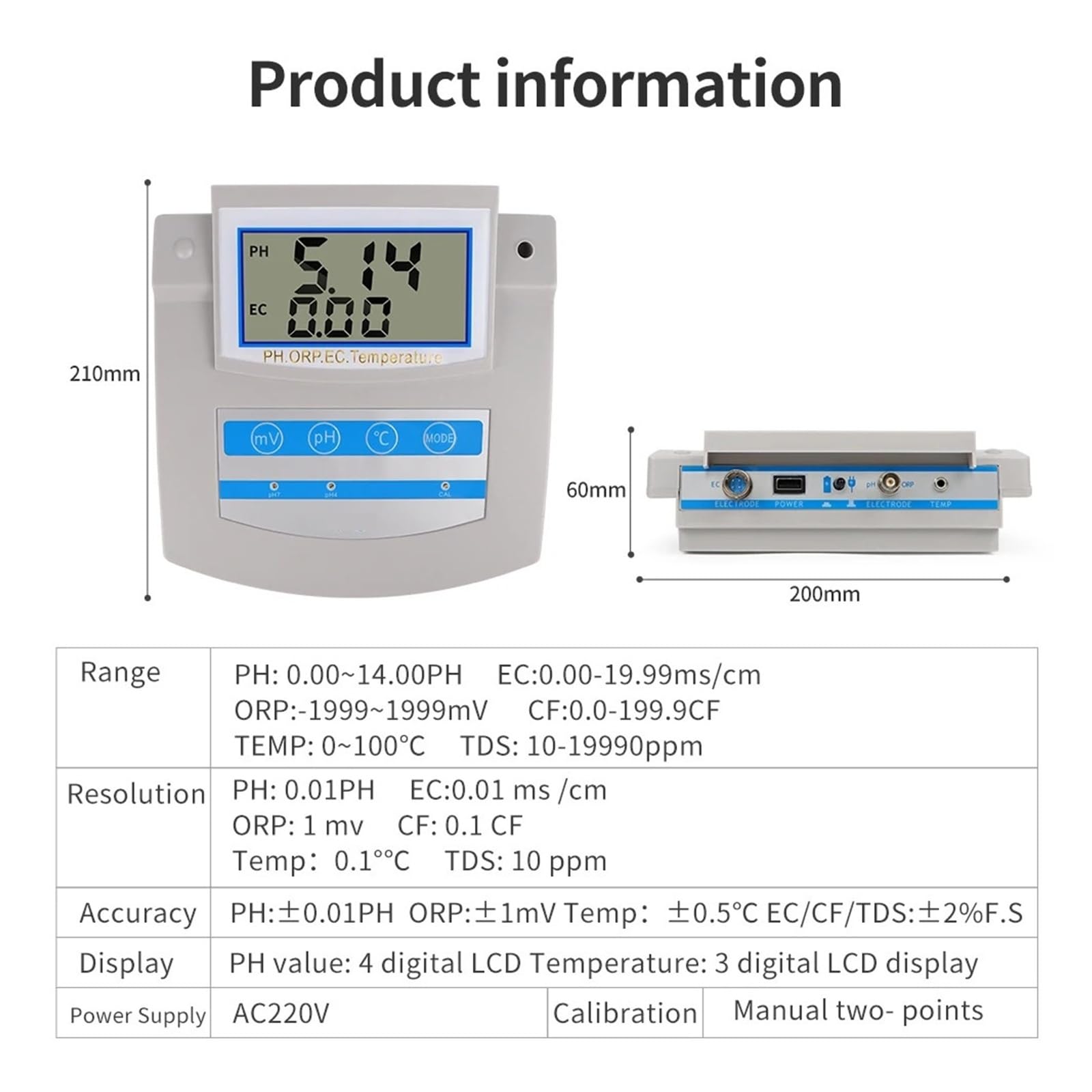 Medidor de pH digital Calibración automática Probador de temperatura ORP TDS EC CF de escritorio | Analizador de calidad del agua for acuarios de laboratorio