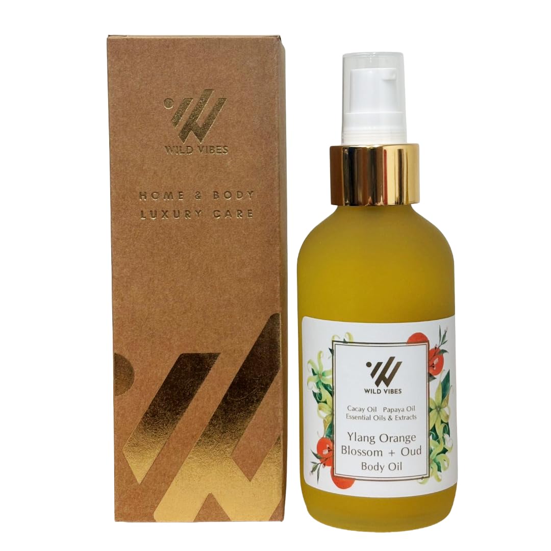 Wild Vibes Ylang Orange Blossom Body & Massage Oil - Hydrating Jojoba, Papaya Seed Oil, Vitamin E, Lupine Seed Extract for Collagen production –