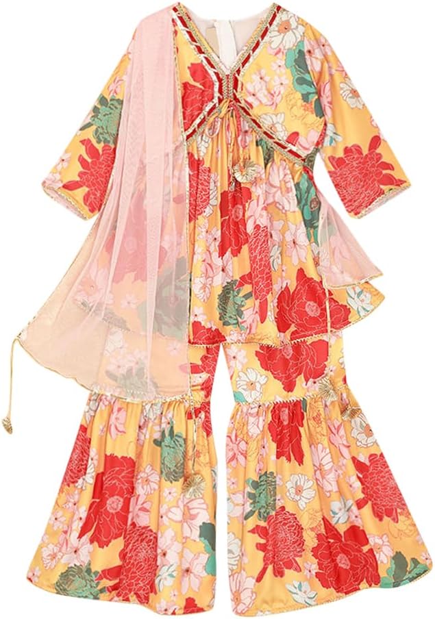 Hopscotch Girls Satin Floral Print Kurta Sharara Set with Dupatta in Yellow Color
