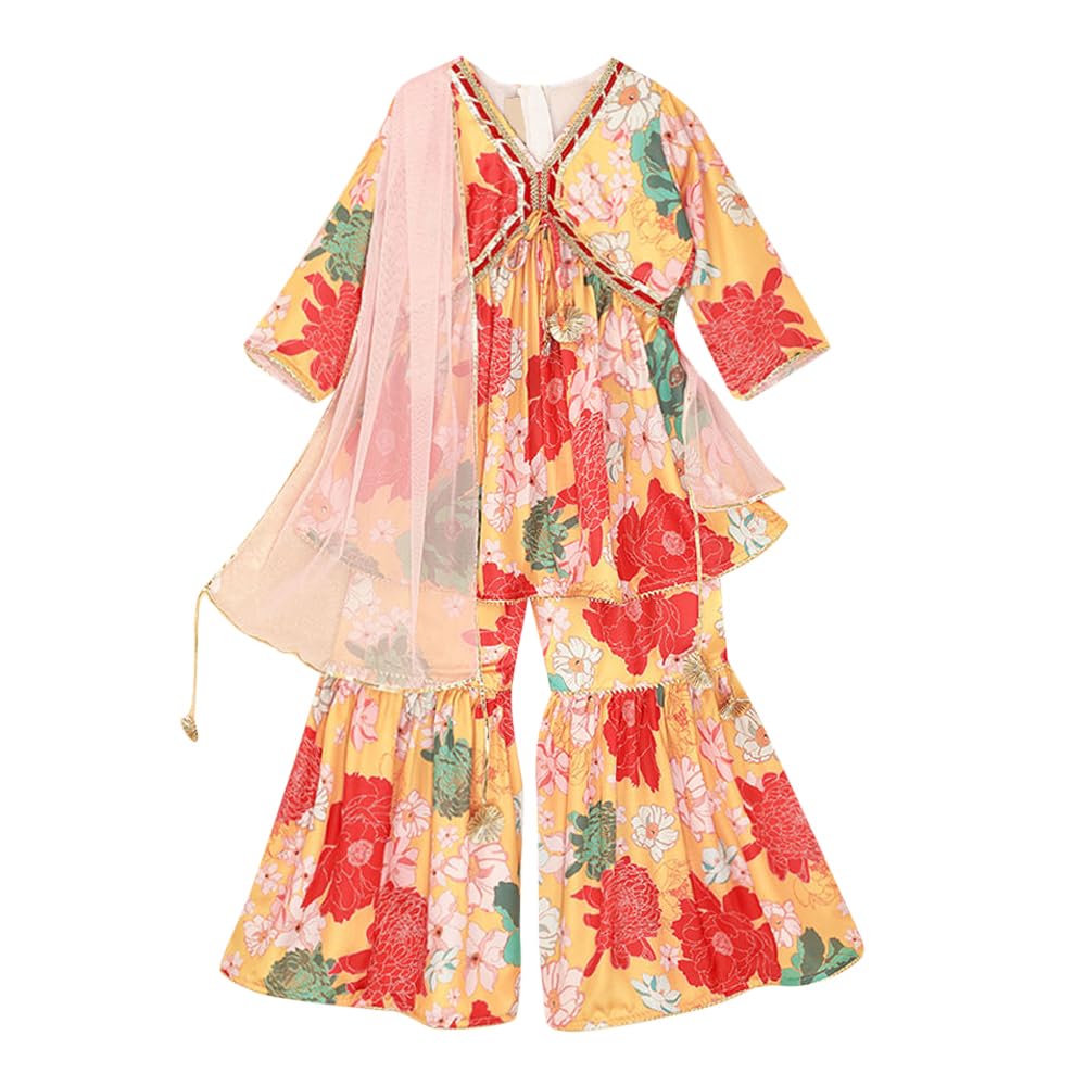 Hopscotch Girls Satin Floral Print Kurta Sharara Set with Dupatta in Yellow Color