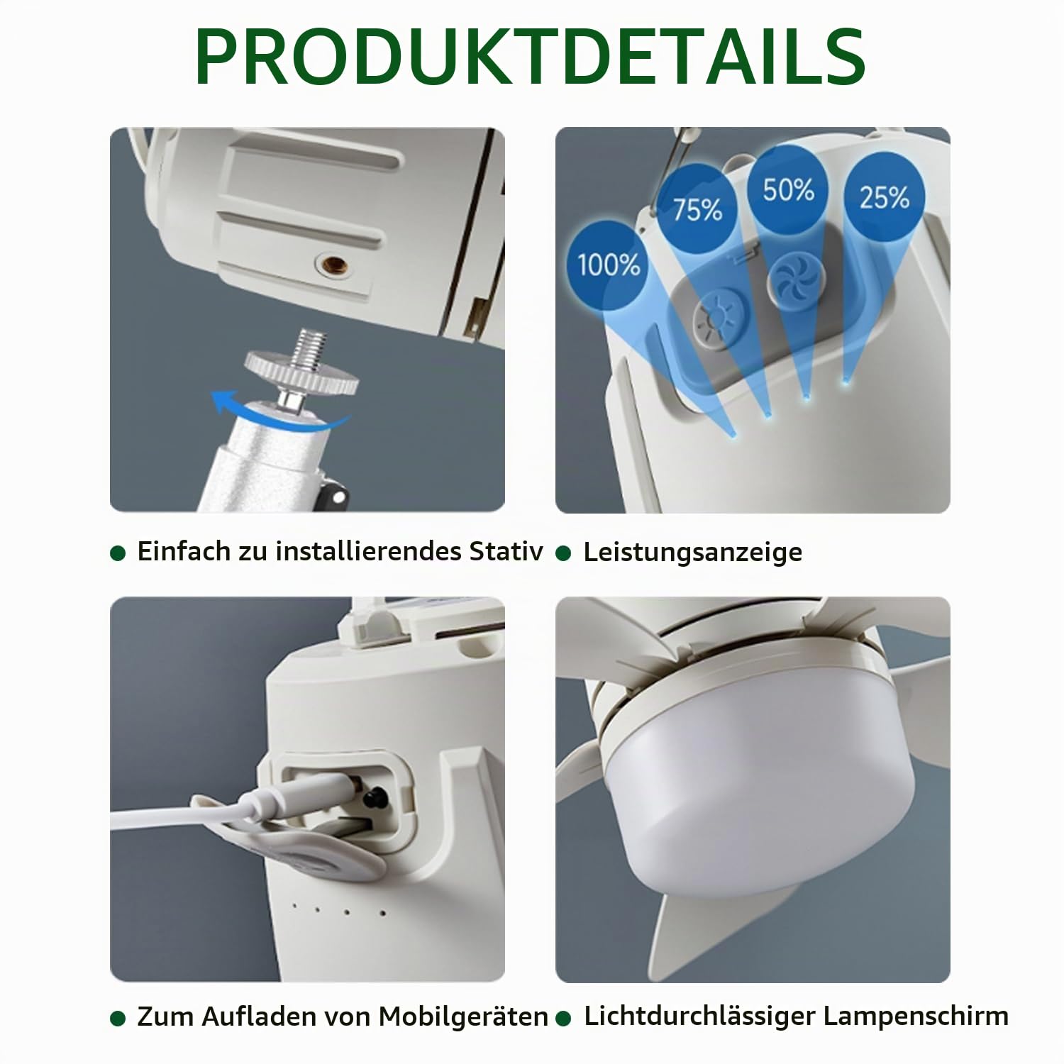 Solar Deckenventilator mit Beleuchtung Akku 20000mAh Ventilator mit Deckenleuchte LED Dimmbar Ventilatorlicht mit Fernbedienung Aufhängehaken Fan Deckenlampe für Terrasse Balkon Schirm Garten Outdoor