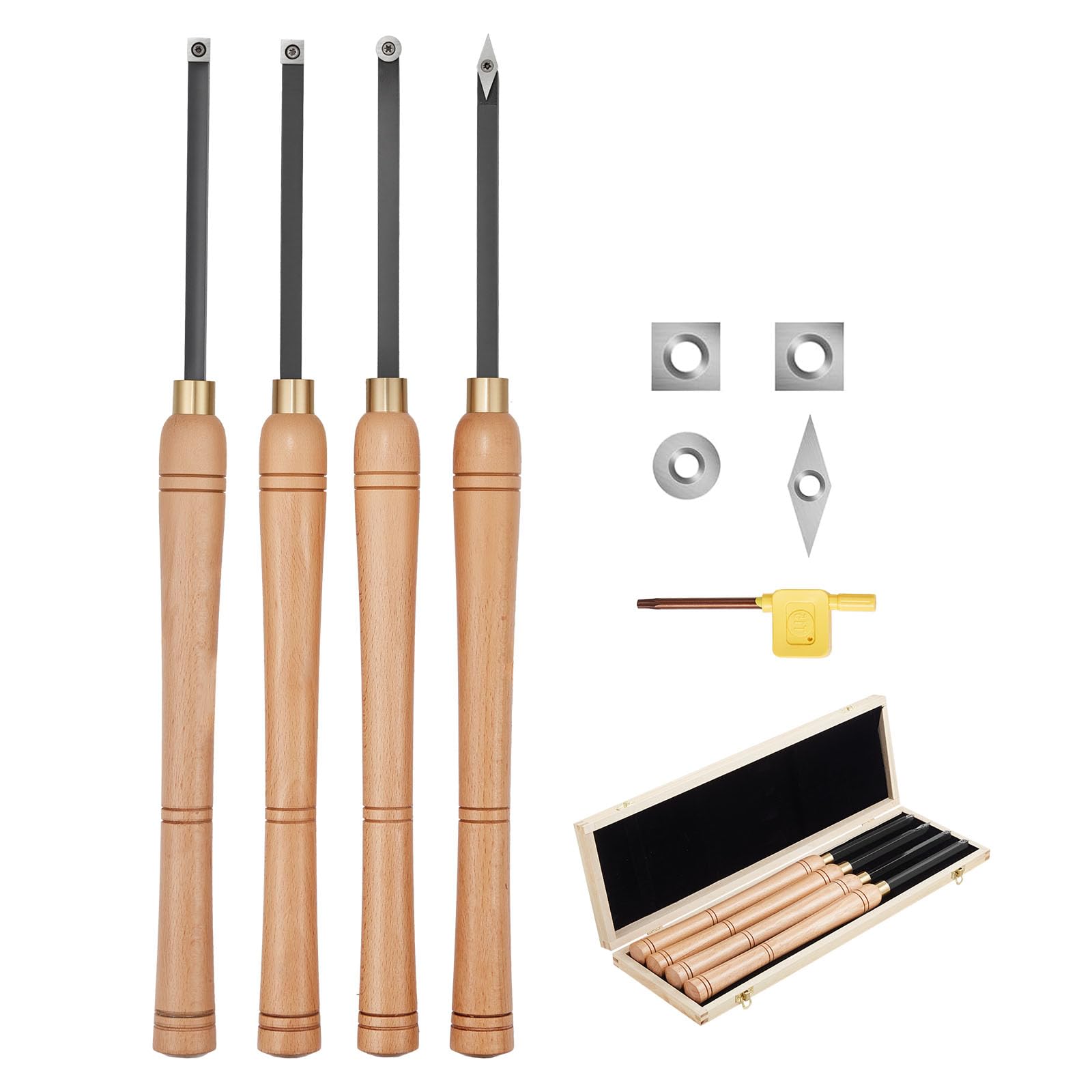 VEVOR Outils Tournage pour Tour à Bois, 4 PCS, Ciseaux à Bois avec Fraises en Carbure Ronds et Carrés Diamantés, Coffret de Rangement, Manche Confortable pour Travail de Détail, Débutant, Amateur, Pro