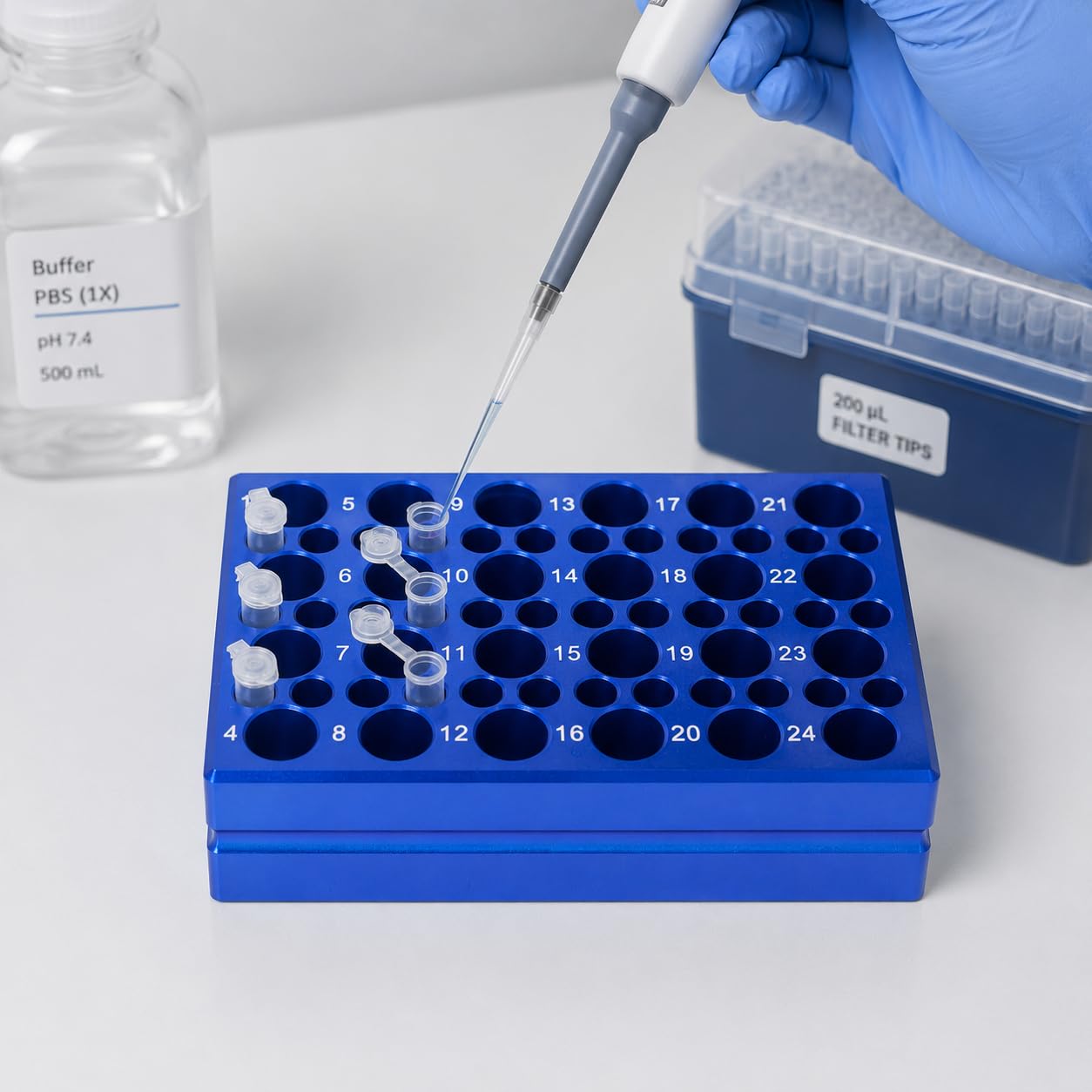 1 PCR Reagenzglasregal mit Aluminium-Kühlblock, 24 Vertiefungen für 1,5 ml/2 ml Tuben, 36 Vertiefungen für 0,2 ml PCR Tuben