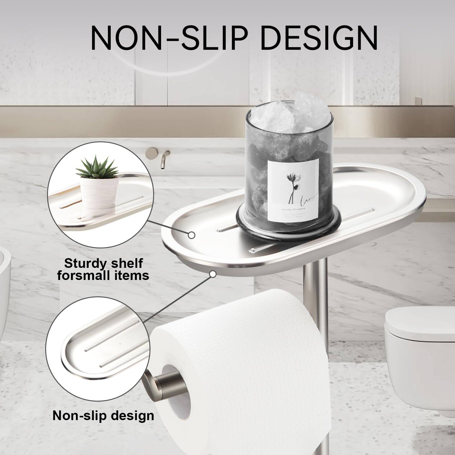 BGL Set di scopino per WC autoportante in acciaio inox spazzolato e nichel spazzolato, con porta carta igienica, set 3 in 1 con ripiano, design moderno