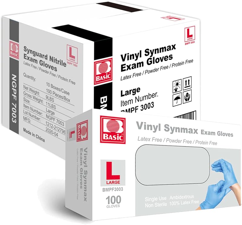 INTCO Basic Medical Synmax Vinyl Exam Gloves,Disposable Gloves - Latex-Free & Powder-Free for Medical,Cleaning,Food Safe- Large, BMPF-3003(Case of 1000,Blue)