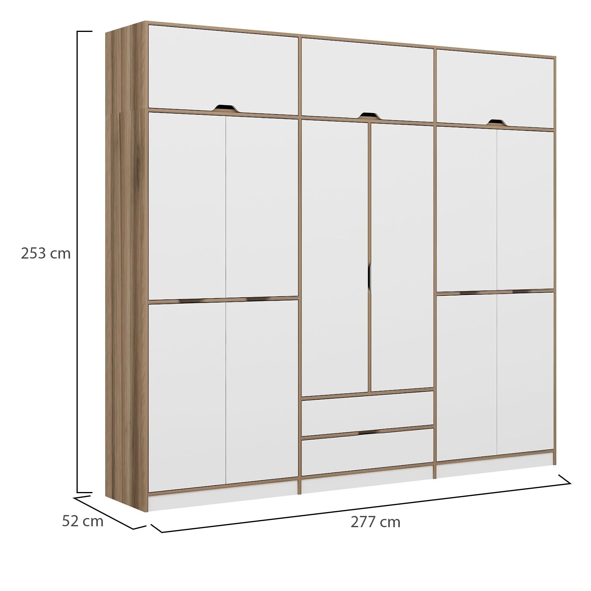 Dmora Guardaroba Grande Skiron 277x253h cm Bianco 2 Cassetti Appendiabiti, Armadio Camera da Letto 4 Ripiani