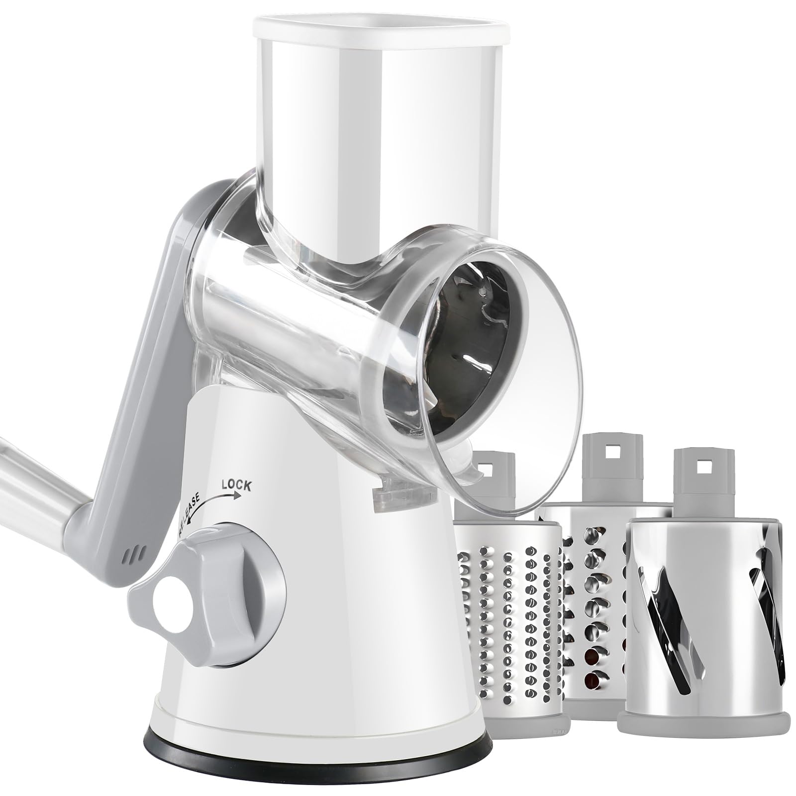 Sponsored Ad - Rotary Cheese Grater with Handle, Kitchen Speed Hand Crank Vegetable Slicer, Potato Hash Brown Shredder Spinning Nut Grinder with 3 Replaceable Stainless Steel Drum Blades (White)