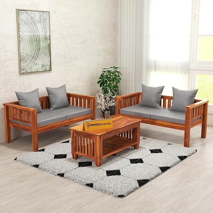 Image of Sheesham Wooden 4 Seater Sofa for Living Room | Rosewood 4 Seater Cushion Sofa Low Height | Solid Wood Sofa Set for Lounge (2+2,Honey Finish)