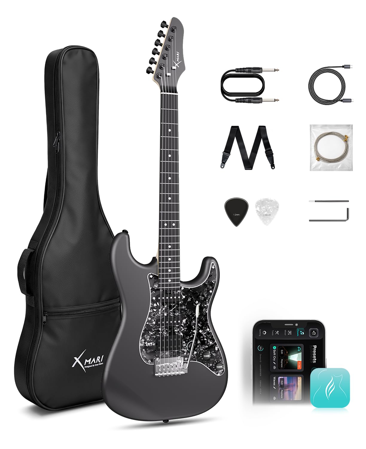 Enya XMARI Guitare électrique intelligente avec effets DSP intégrés, 4 préréglages, enregistrement USB-C OTG, sortie casque, micros en céramique personnalisés, corps en fibre de carbone, avec sac de