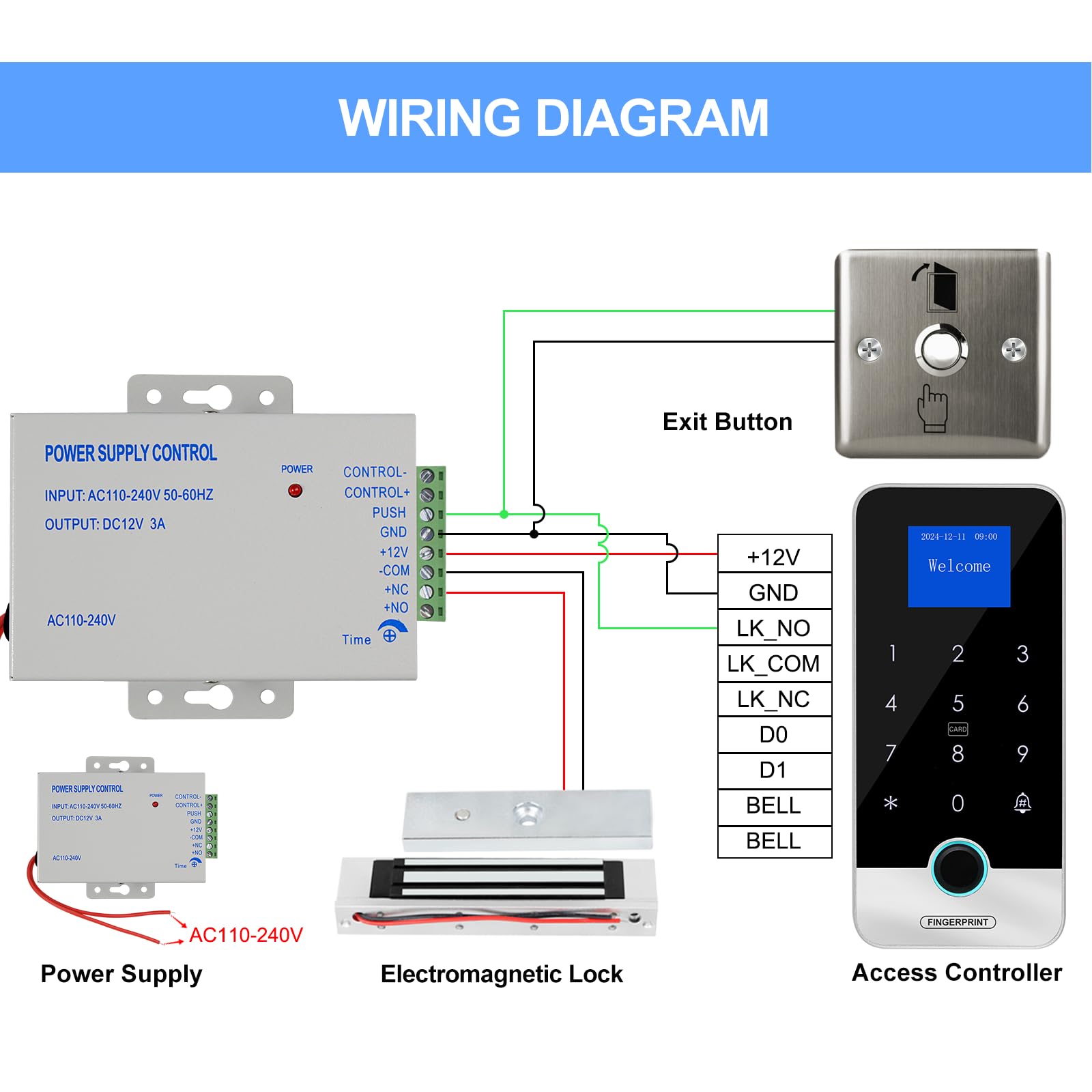 Système d'entrée de porte avec clavier de contrôle d'accès étanche, alimentation DC 12 V, interrupteur de déverrouillage de porte, (serrure électrique) et porte-clés RFID 125 kHz