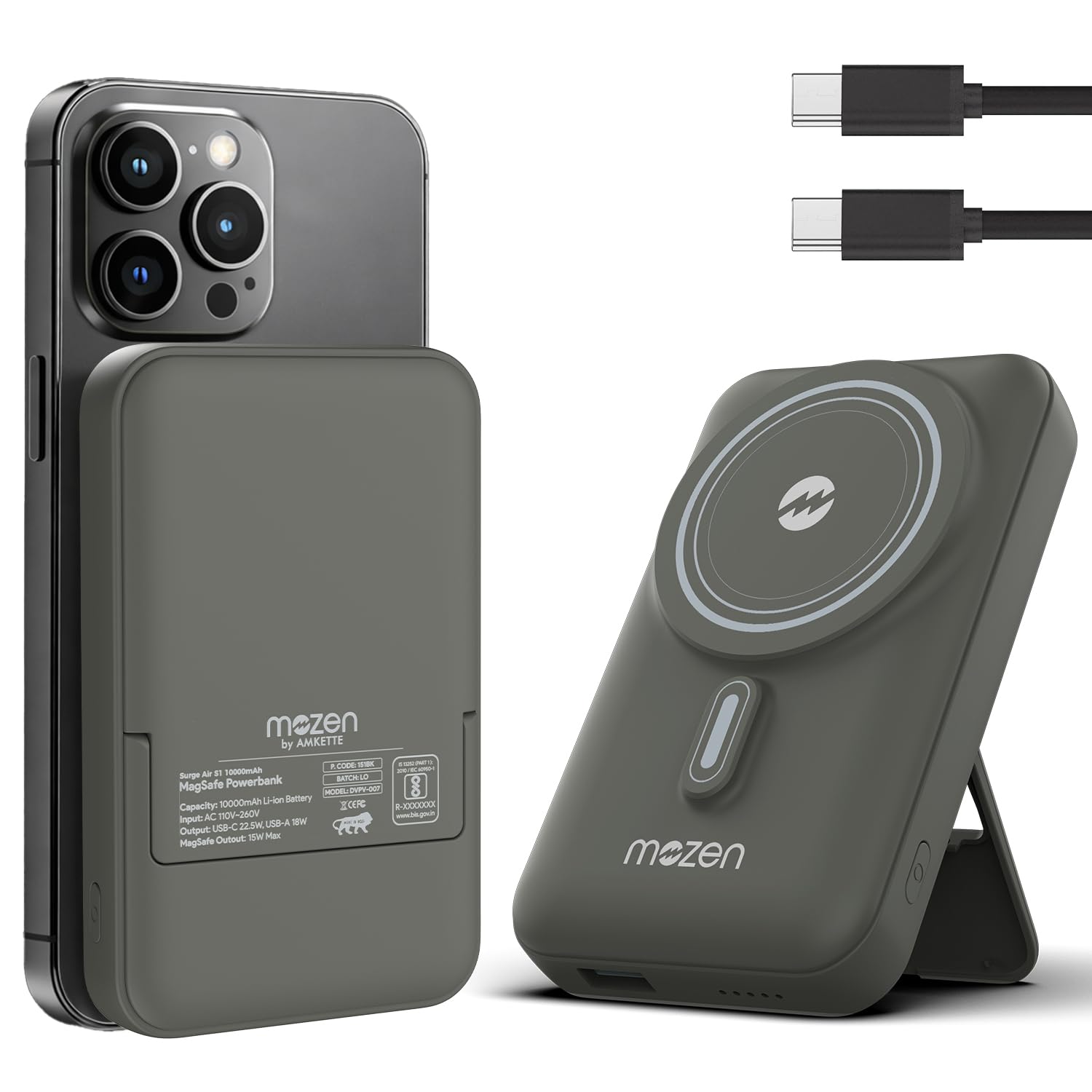 mozen by amkette surge air s1 10000mah power bank | magsafe power bank fast charging | 22.5w usb-c input/output + 18w usb-a | 15w qi wireless for android & 7.5w iphone 12 & above | 1 year warranty