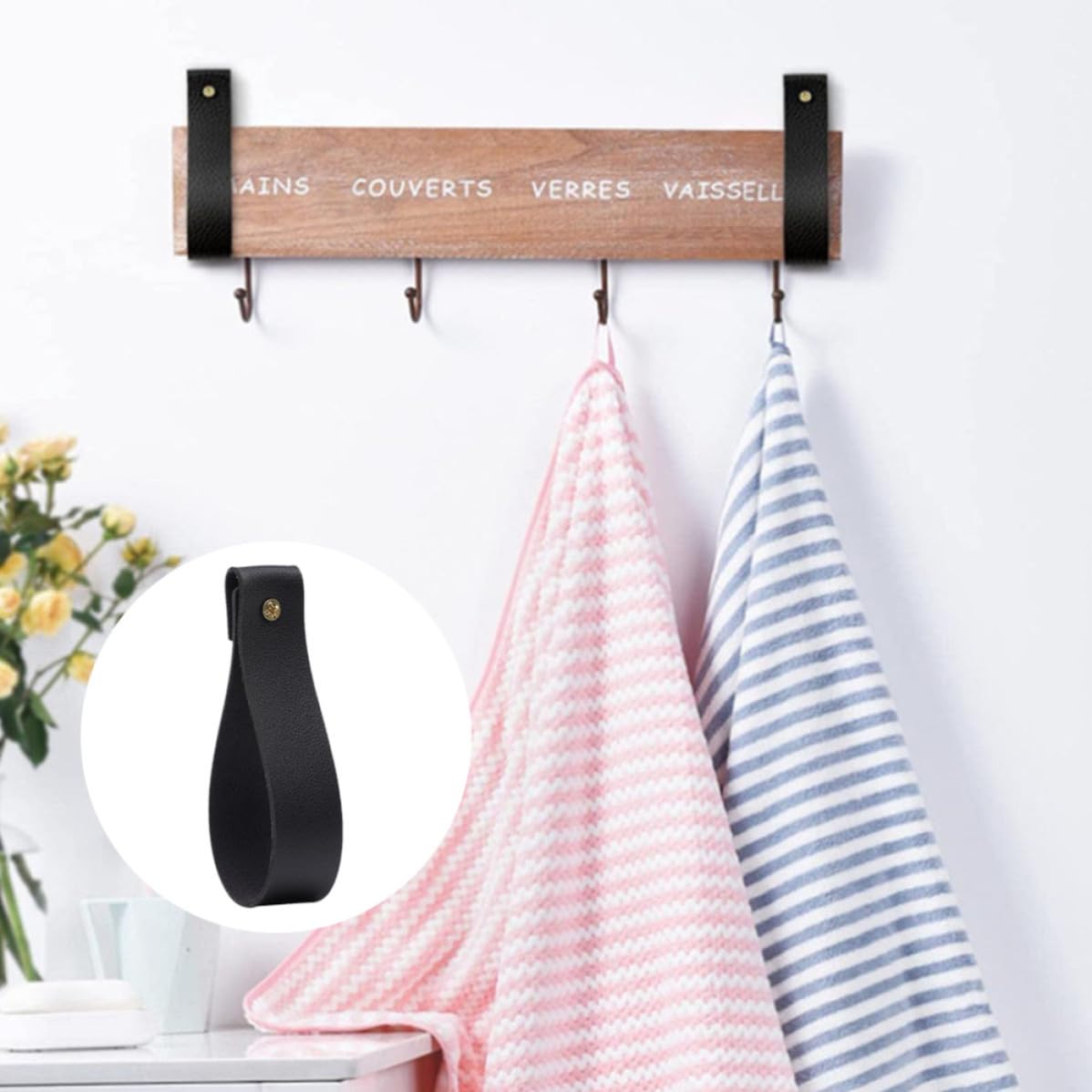 Correas de Barra de Cortina de PU, Ganchos para Toallas de baño, 4 Piezas, diseño montado en la Pared para baño Cocina Dormitorio