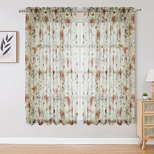 Image of OWENIE Crushed Sheer Curtains 63 Inches Length 2 Panels Set, Sheer Floral Curtians with Printed Design, Printing Drapes on Sheers for Living Room, Rod Pocket Light Filtering Window Sheers 42 inch W x 63 inchL