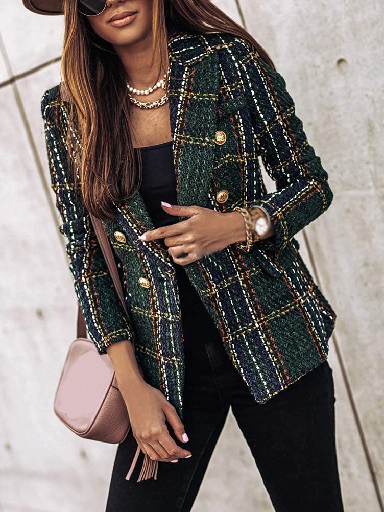 Onsoyours Donna Manica Lunga Colletto Cappotto Elegante Ufficio Business Blazer Top A Quadri Slim Fit Giacca con Pulsante Corto OL Tailleur Giacca