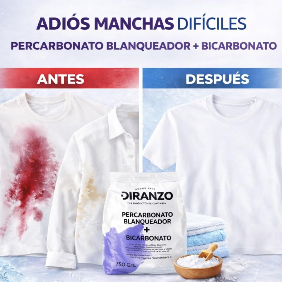 Percarbonato Blanqueador Diranzo Pack 6 unidades 750g x 6. Total 4,5 Kg, Quitamanchas, Blanqueante, Elimina Olores y Grasa. Apto Ropa blanca y Color. Elimina manchas difíciles