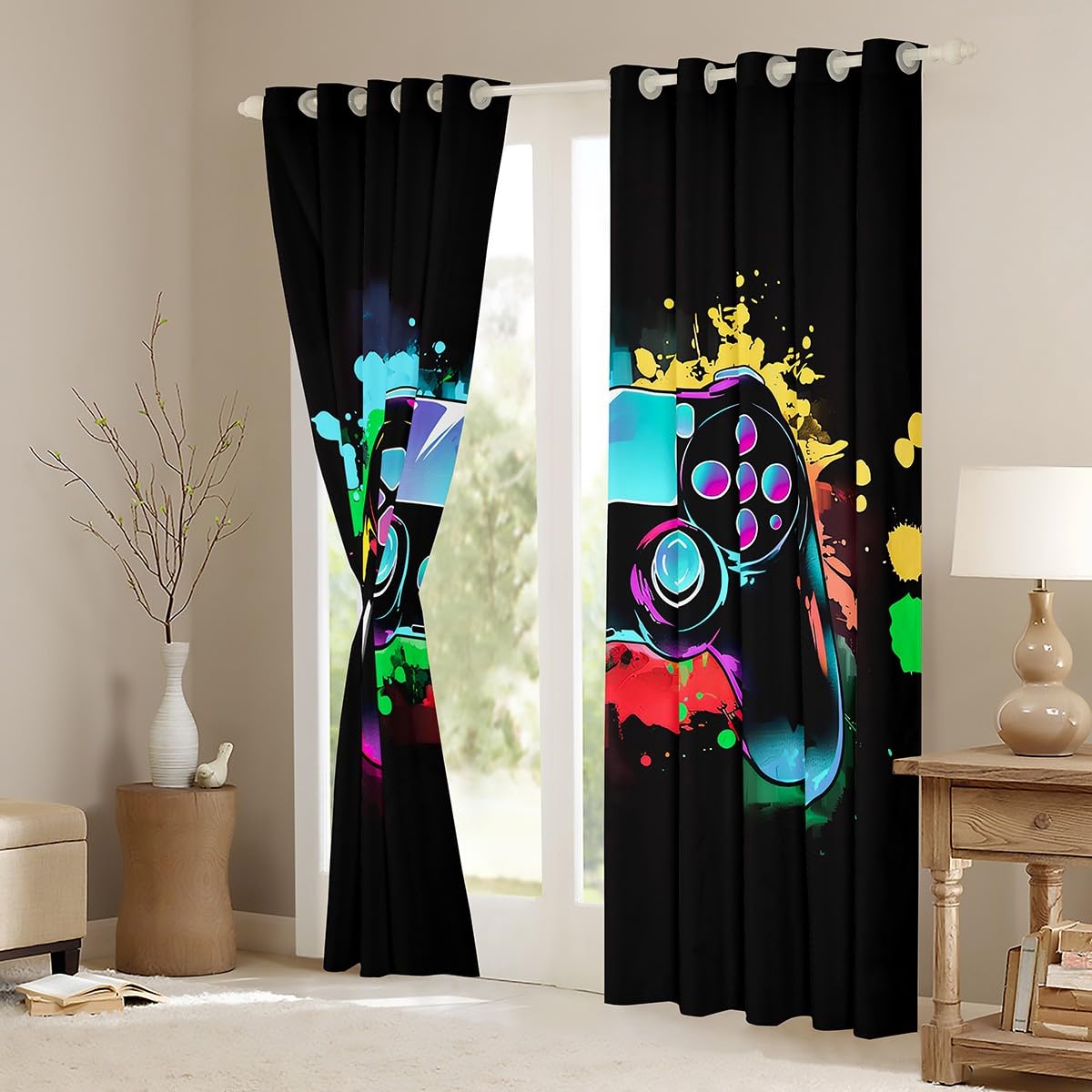 Loussiesd Cortinas opacas para dormitorio, sala de estar, 66 pulgadas de ancho x 90 pulgadas de largo, 30% a 50% de oscurecimiento de la habitación, moderno controlador de consola de juegos, cortinas