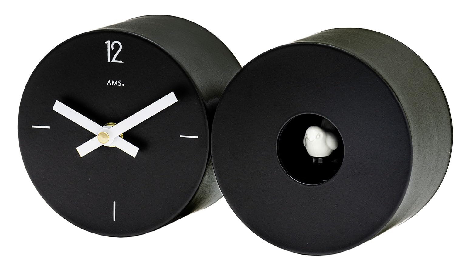 AMS T1310, Tisch- und Wanduhr, Modernes Design mit Kuckucksruf, Metallgehäuse schwarz, Maße: 24 x 12 x 9 cm (Schwarz)