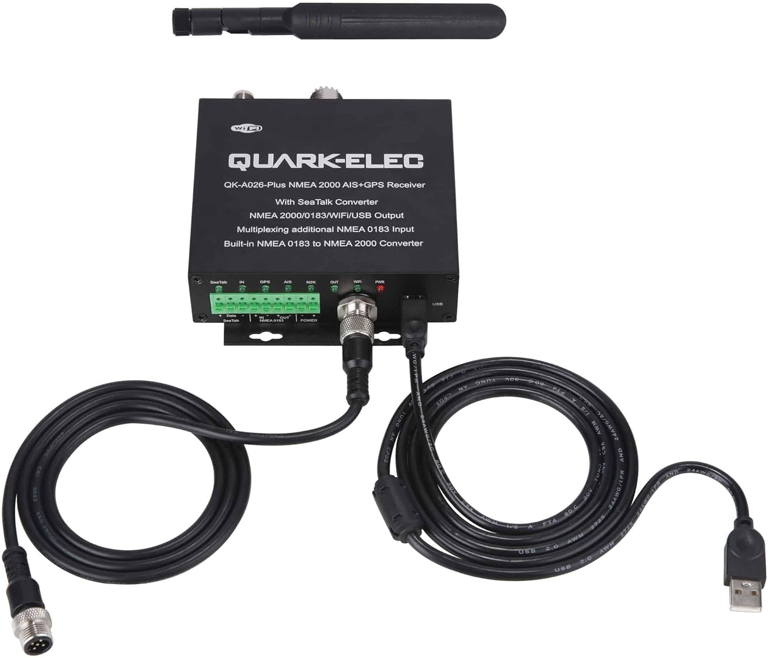 QK-A026-plus receiver with included NMEA 2000 and USB cables