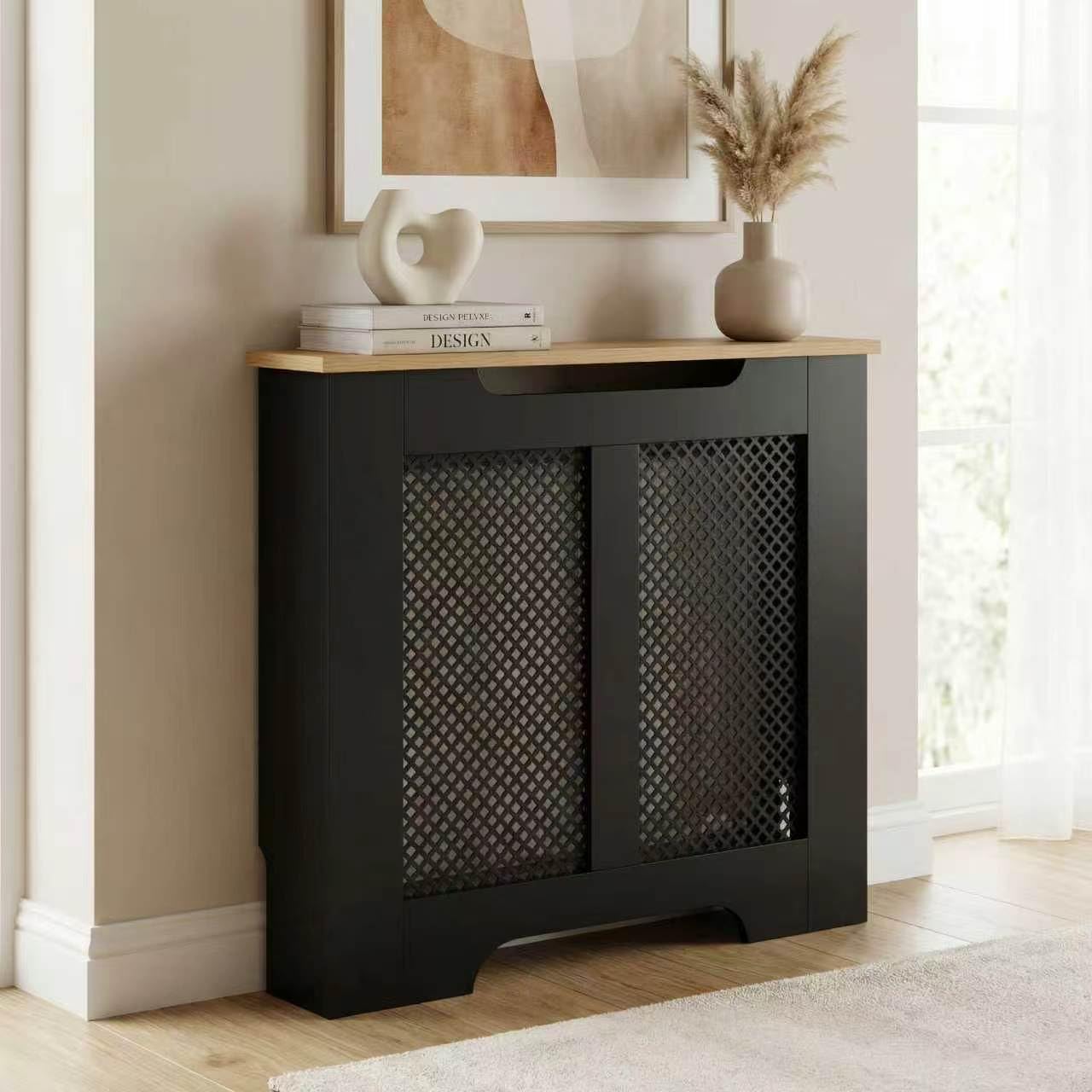 Furnihaus Eleanor Radiator Cover, Wooden MDF Radiator Cabinet with Lattice Front Panel, Freestanding Heating Cover for Hallway, Living Room or Bedroom, (Black and Oak Effect Top, Small)