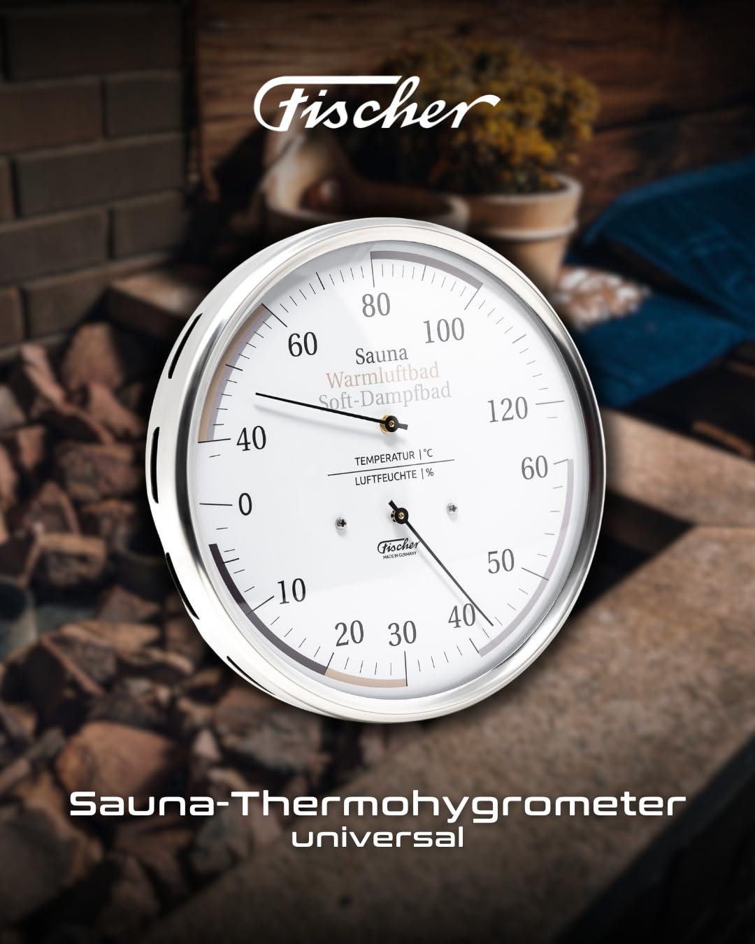Fischer 185.01 Sauna - Termómetro universal (160 mm, higrómetro de cabello y termómetro bimetálico, acero inoxidable, fabricado en Alemania)