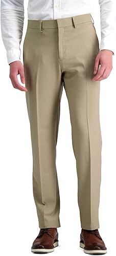 Haggar Mens Premium Comfort Straight Fit Flat Front Stria Dress Pants, Medium Kh
