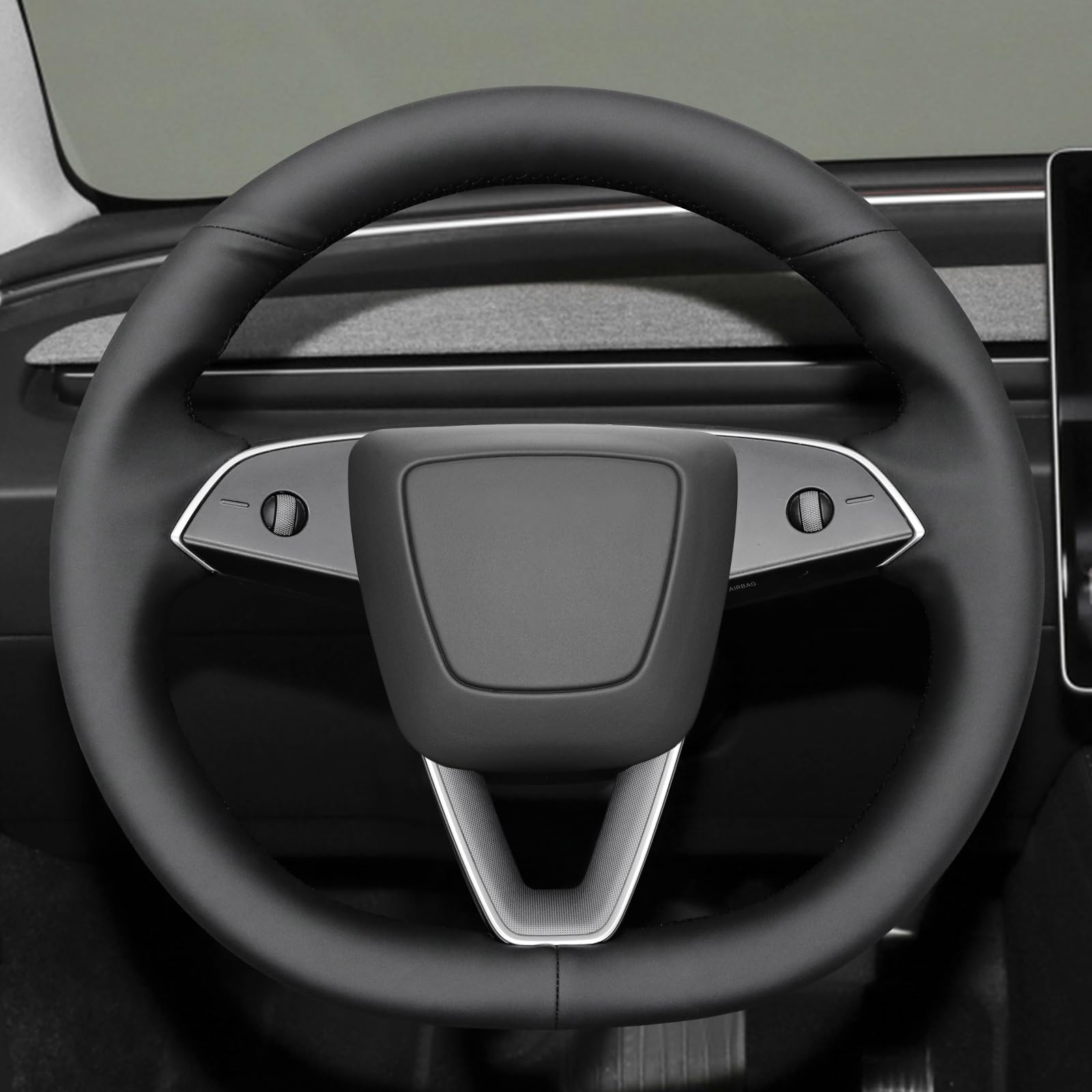 MEWANT Ręcznie szyty matowy pokrowiec na kierownicę ze skóry PU do Tesla Model 3 Highland 2023 2024 2025 akcesoria do kierownicy czarna nić
