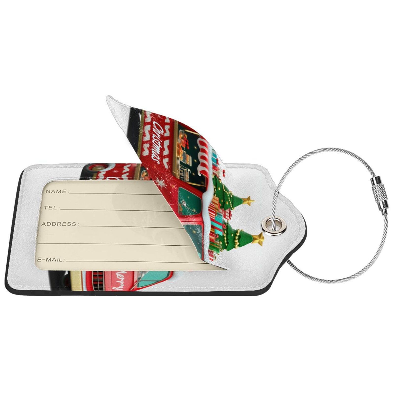 4 etiquetas de equipaje de piel sintética para maleta, autobús rojo con árbol de Navidad y etiqueta de equipaje de regalo con lazo de acero inoxidable, etiqueta de identificación de cubierta de
