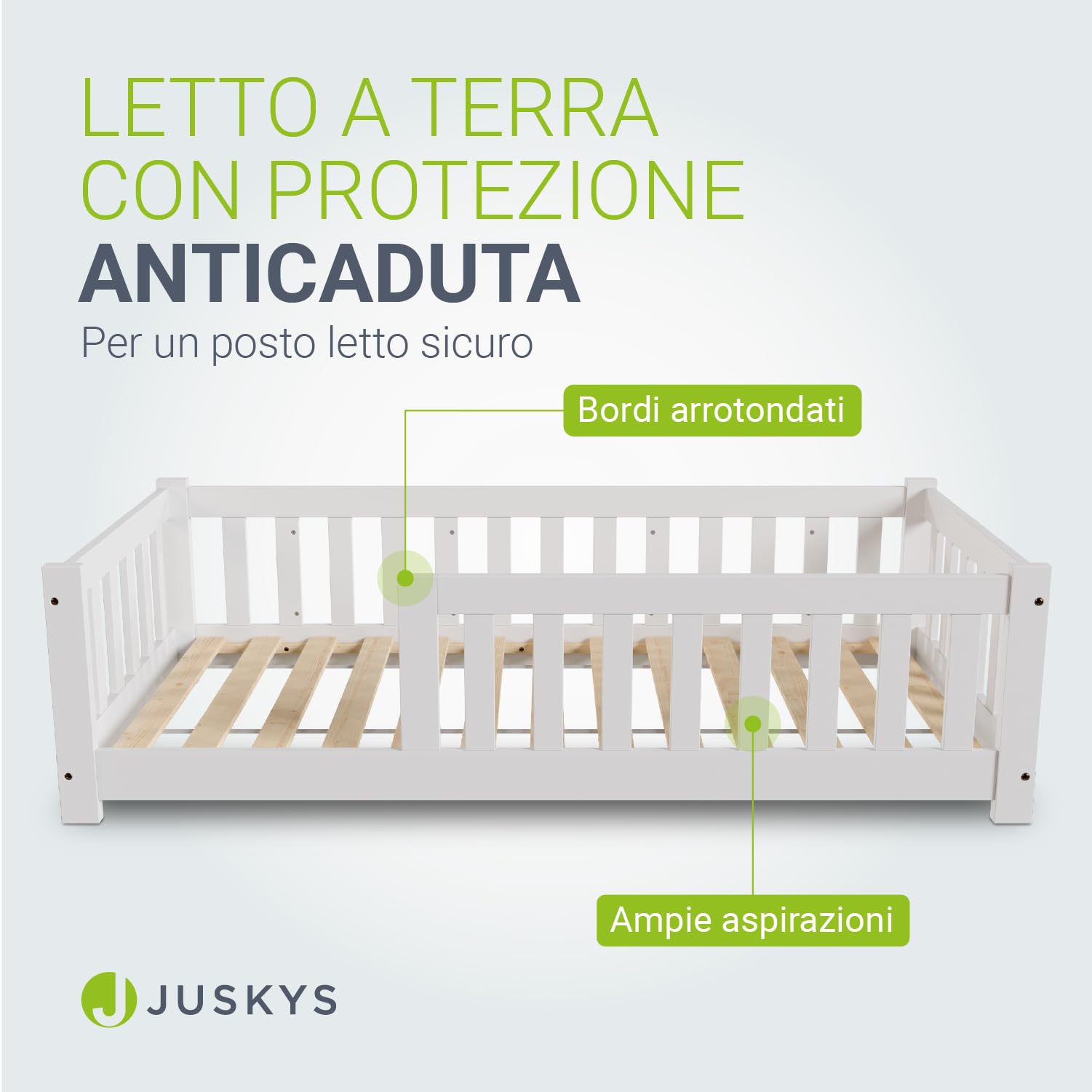Juskys Letto a pavimento per bambini Naya 80x160 cm con barriera di sicurezza e rete a doghe – letto Montessori in legno massiccio di pino – letto con sponde per bambini – bianco