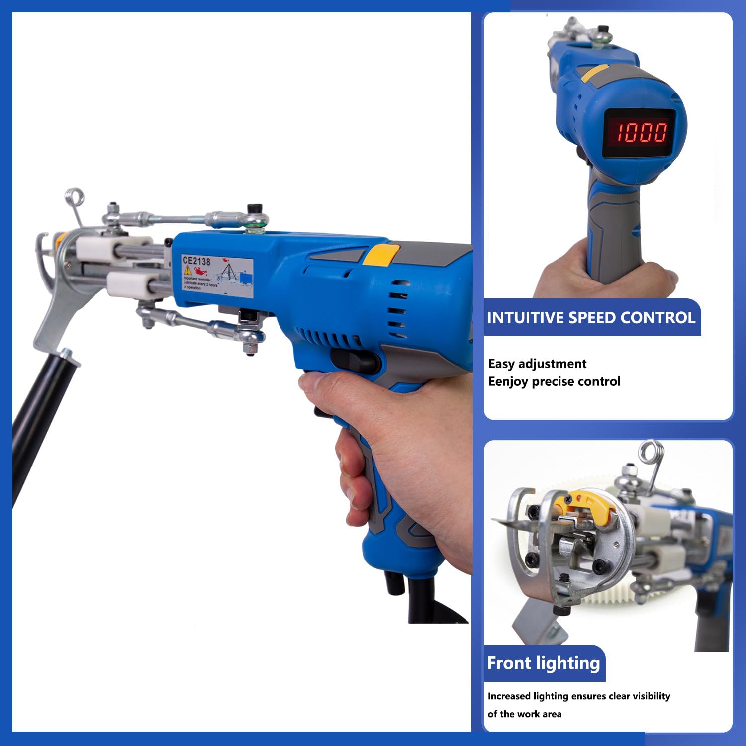 Kit de Pistola tufting con recortadora de alfombras, pantalla LCD mejorada de velocidad, herramienta artística profesional para mechones de alfombras, velocidad ajustable, pelo cortado/pila en bucle