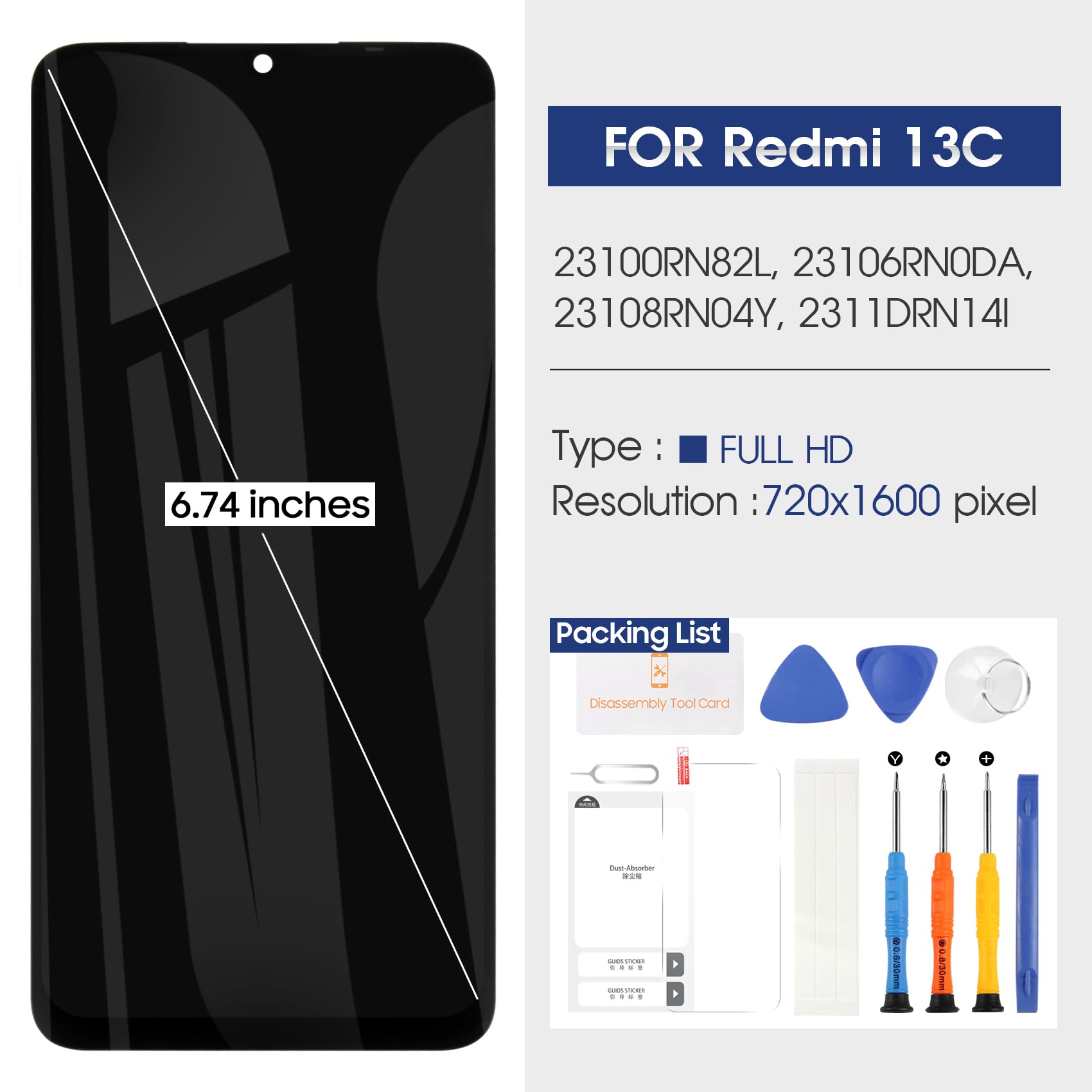 Ecran Complet Pour Xiaomi Redmi 13C Taille 6.74" Noir 23100RN82L, 23106RN0DA, 23108RN04Y Vitre Tactile + Ecran LCD - VISIODIRECT - - Téléphonie
