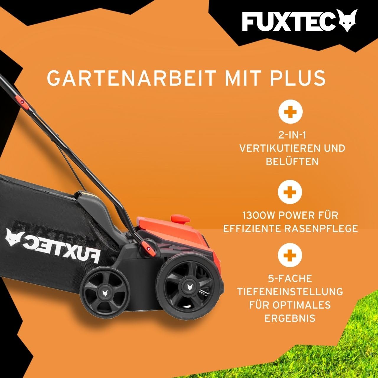 Fuxtec Elektro-Vertikutierer FX-EV320ECO, Rasenlüfter mit 1300 Watt Power, 32 cm Arbeitsbreite und Tiefeneinstellungen von -12 bis +10 mm, 40 L Grasfangkorb