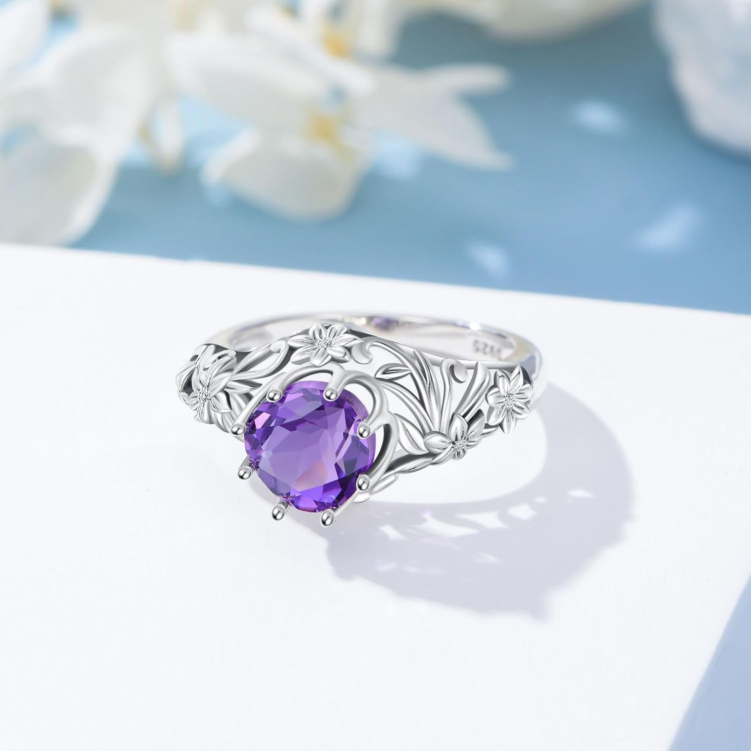 Round Cut Amethyst Engagement Ring for Women 925 Sterling Silver Unique 8MM Amethyst Flower Rings Cocktail Party Birthday Gifts Size 4-11