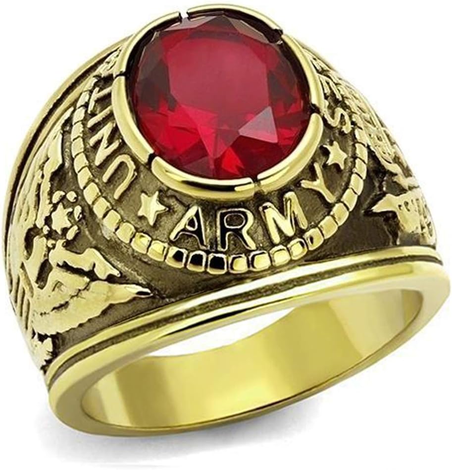 US Army Ring - (Gold Plated w/Red Stone) Military Rings Jewelry - Officers Special Forces Military