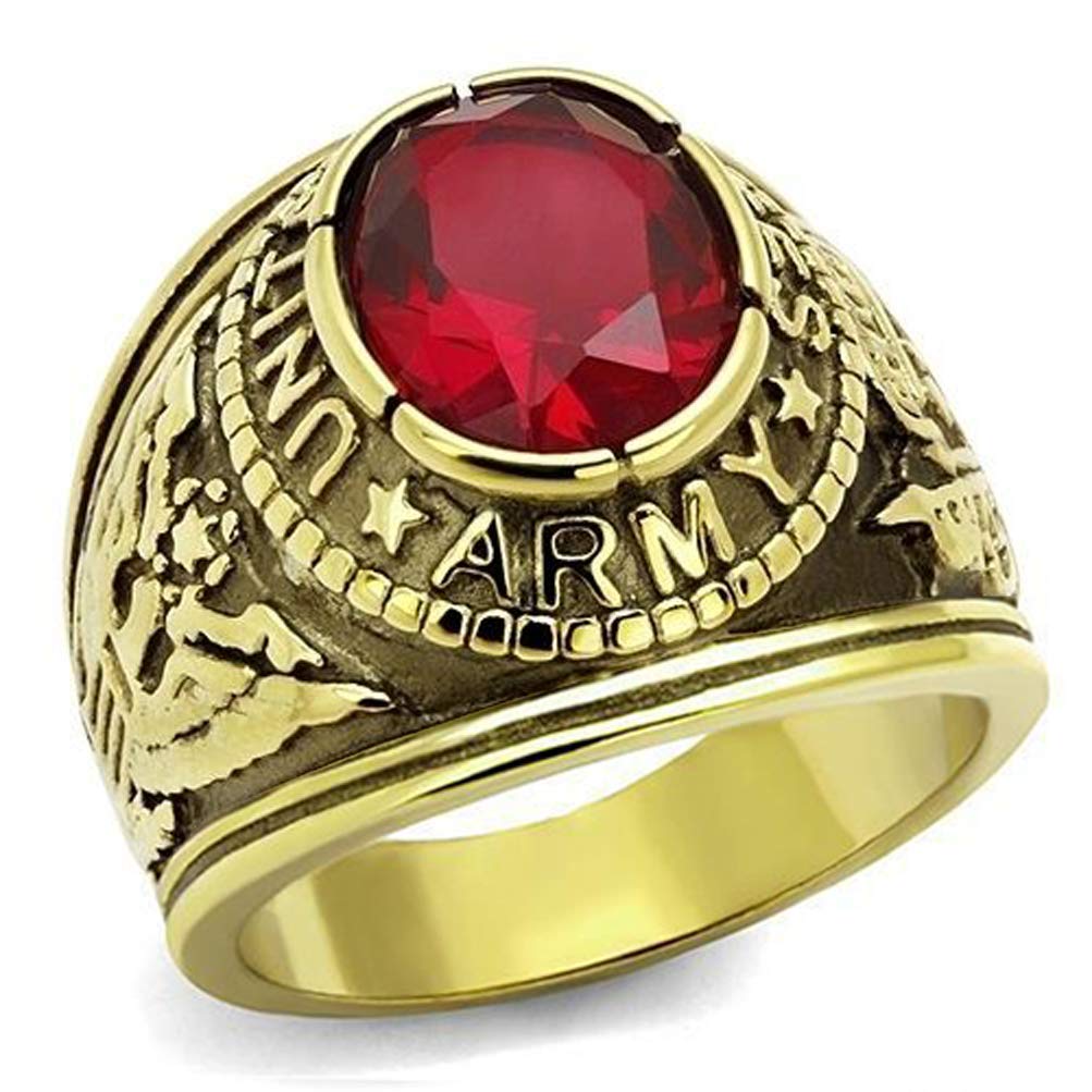 US Army Ring - (Gold Plated w/Red Stone) Military Rings Jewelry - Officers Special Forces Military