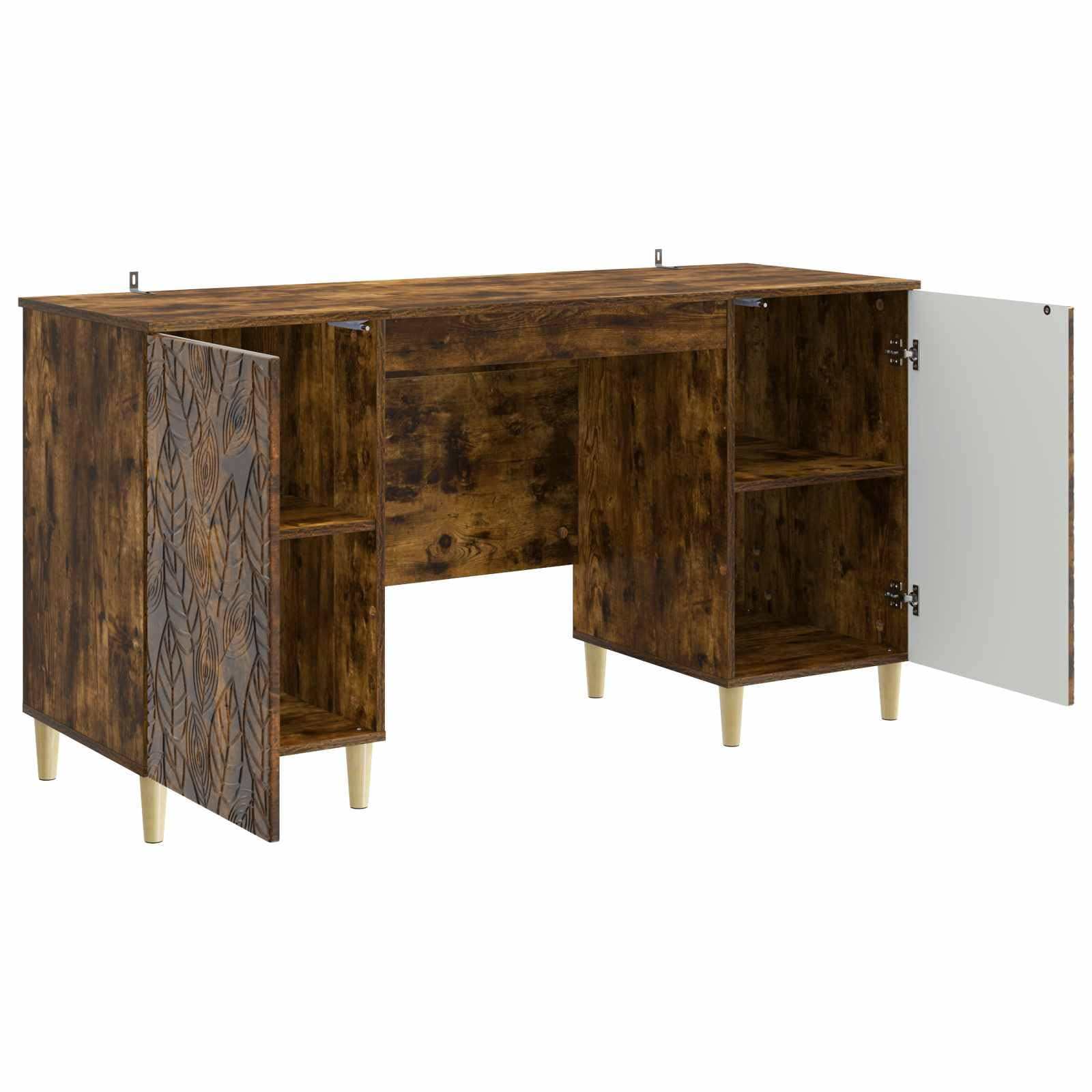 Scrivania in rovere affumicato, 142,5 x 50 x 75 cm, con spazio per ufficio e home office, moderno tavolo da lavoro con scaffale e gestione dei cavi