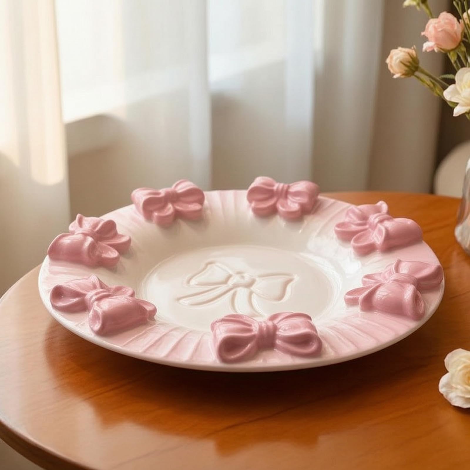 rockible Piatto da Dessert in Ceramica Piatto da Dolce Piatto da Torta Vassoio da Servire con E Texture 3D Adatto per Dolci, Esterno Bianco, Interno Rosa