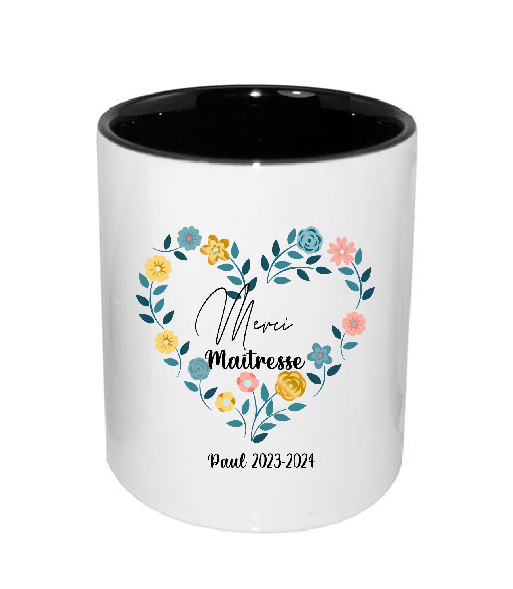 Pot à Crayons Céramique 350 ml Merci Maîtresse – Cœur de Fleurs – Personnalisé avec Prénom(s) Enfants – Cadeau Fin d’Année Scolaire