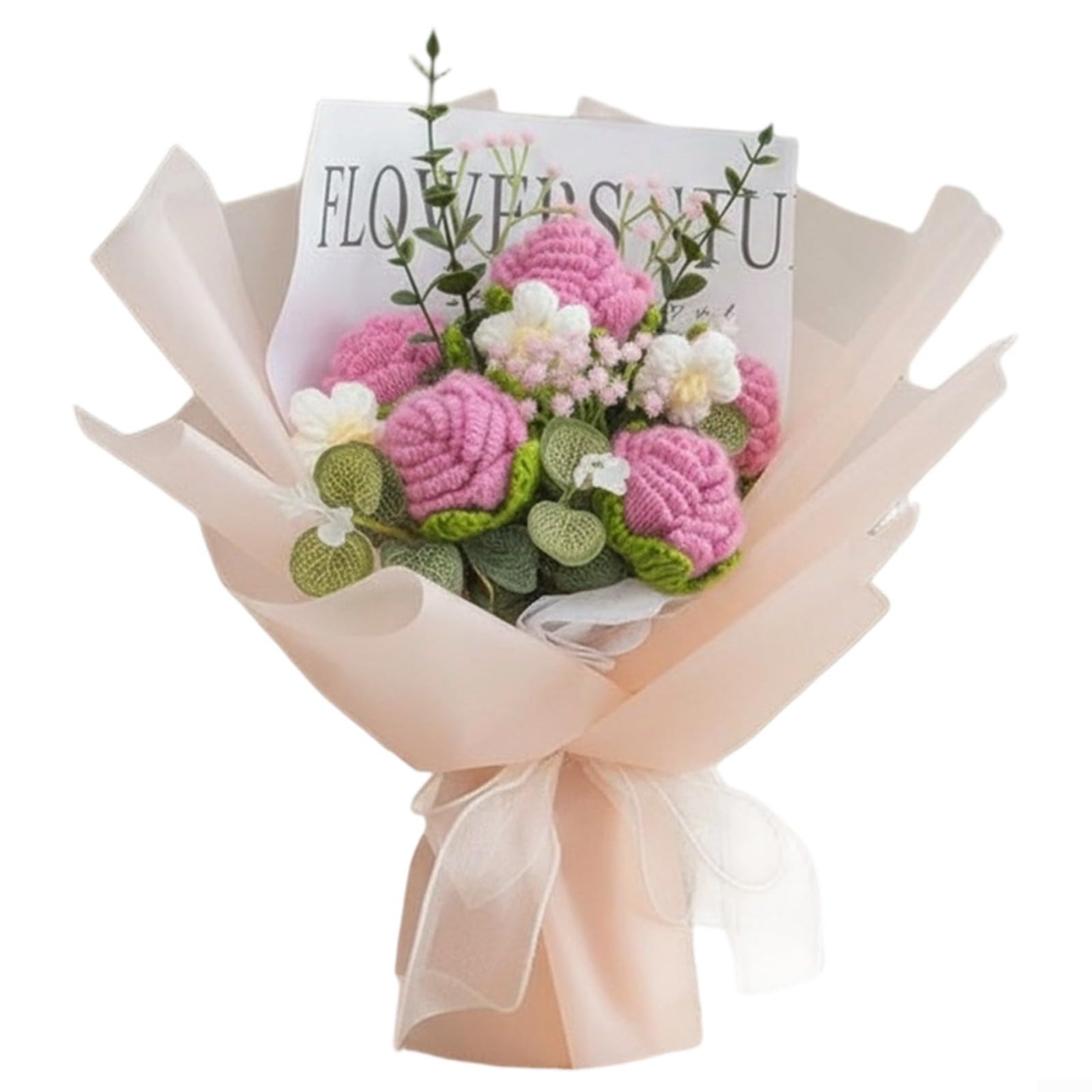 ASMJHQCLW Hand Woven Artificial Flowers, Hand Crochet 5 Roses Multicolor Artificial Bouquet Wedding Birthday Anniversary Valentine(Pink)