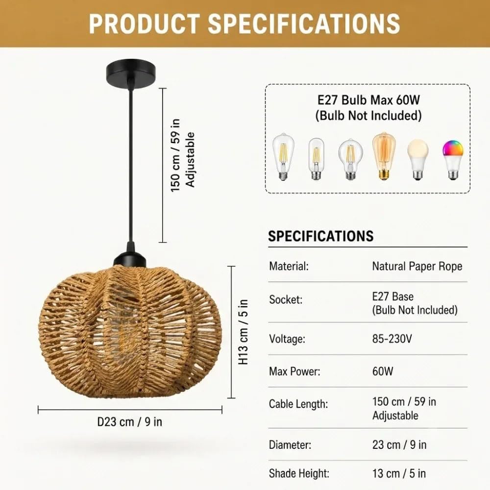 Lampa Wisząca Z Papierowej Liny, 9 Cali, Pleciony Żyrandol Kuchenny W Stylu Boho, Nowoczesna Lampa Wisząca W Stylu Boho, Do Domu Wiejskiego, Sypialni, Jadalni, Salonu, Baru, Przedpokoju I Korytarza