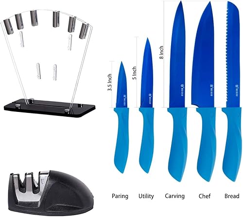 Miniatura 2 de HISSF Juego de cuchillos de cocina, 7 piezas de acero inoxidable de alto carbono con soporte acrílico, chapado en azul titanio para prueba de óxido