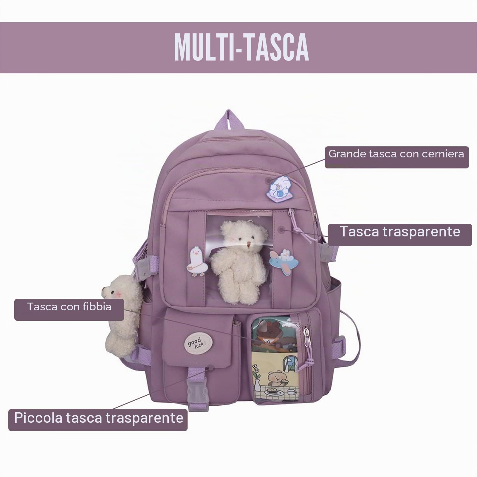 Zaino scolastico Kawaii per ragazze Zaino scolastico carino con zaino estetico con spilla e accessori