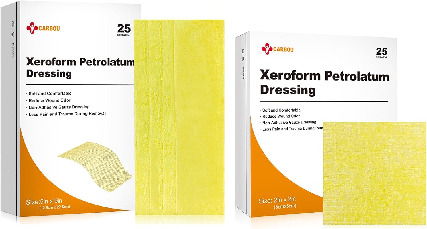 Carbou Medical Xeroform Petrolatum Dressing (5"x9" 25 Pack + 2"x2" 25 Pack)， Non-Adherent Gauze Pads, Soft Fine Mesh Gauze Patch for Wound Care, Burns, Lacerations, Skin Grafts & Surgical Incisions