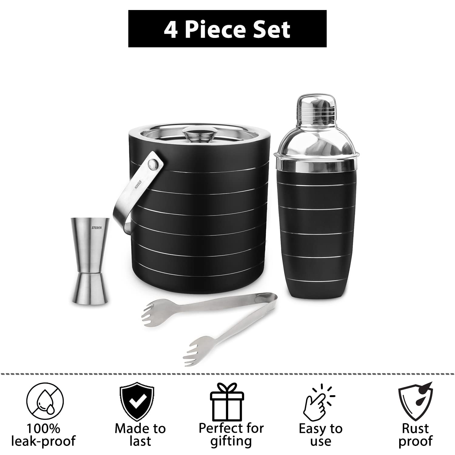 STEREN IMPEX Pack Of 4 Piece Black Ring Bar Set For Drink/Gift, Double Wall - Ice Bucket With Tong, Peg Measurer & Cocktail Shaker 3