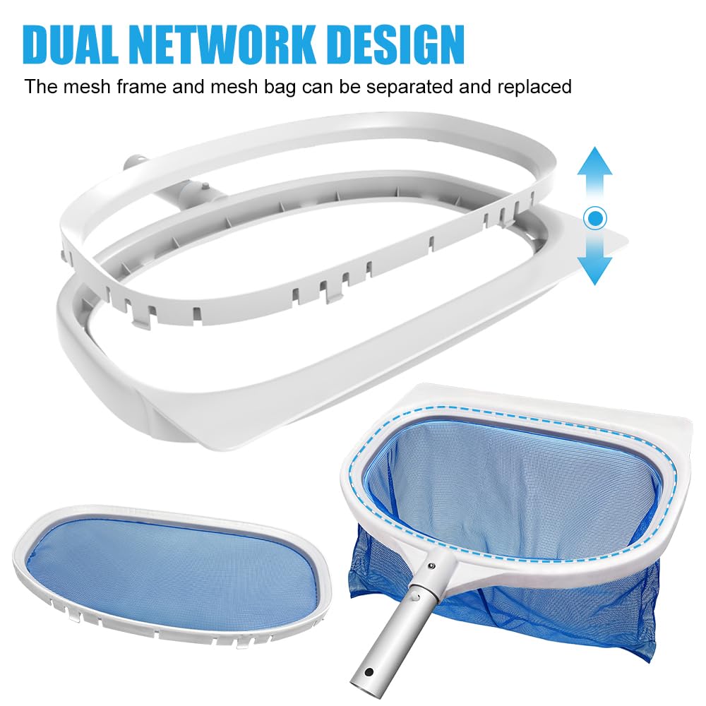 Rete per la pulizia dello stagno a maglia fine 2 in 1, reti per laghetti per pesci, resistente, rete per skimmer con kit di pulizia per la cura dei pali, accessori per piscina, cattura foglie con rete