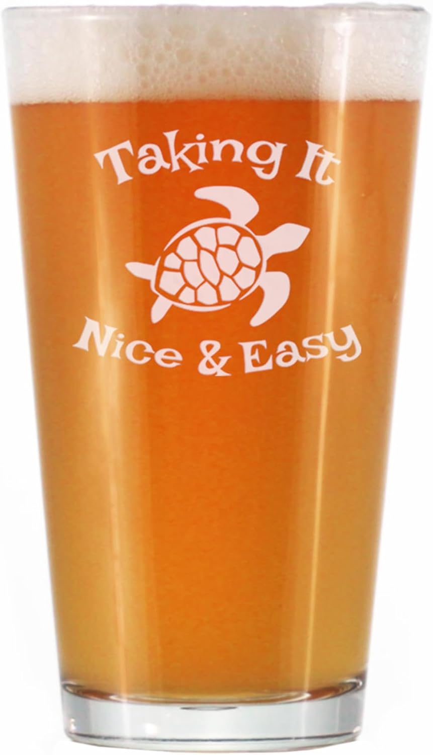 Taking it Nice & Easy - Funny Sea Turtle Pint Glass Gifts for Beer Drinking Men & Women - Set of 2 - Fun Unique Turtle Gift Idea